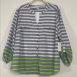 Notation White, Black and Green Striped Top